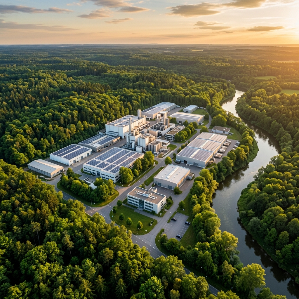 Industrial zone with green fields representing environmental grants