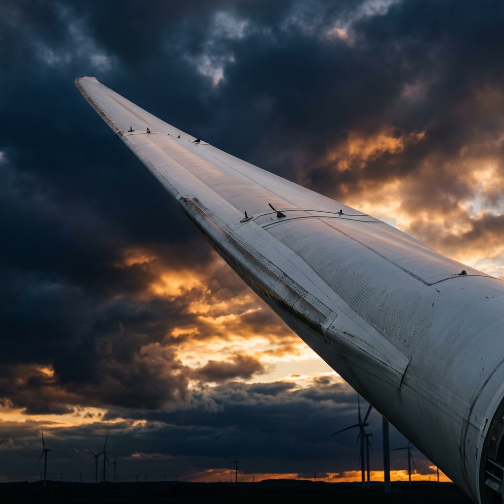 Wind turbine blades against dusk sky representing industrial transition